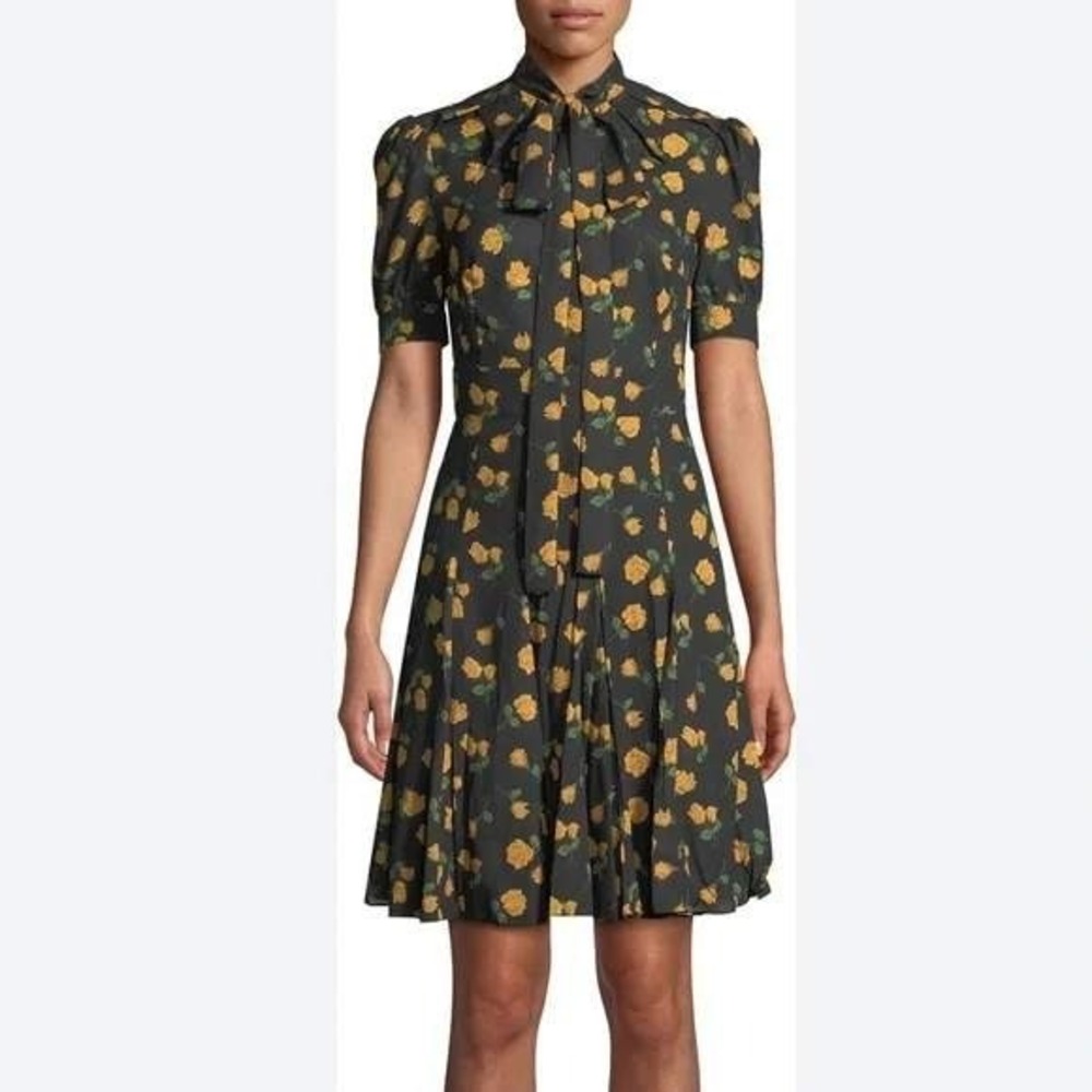 NWT Michael Kors Collection Black Yellow Rose‎ Print Midi Dress Made in Italy 10